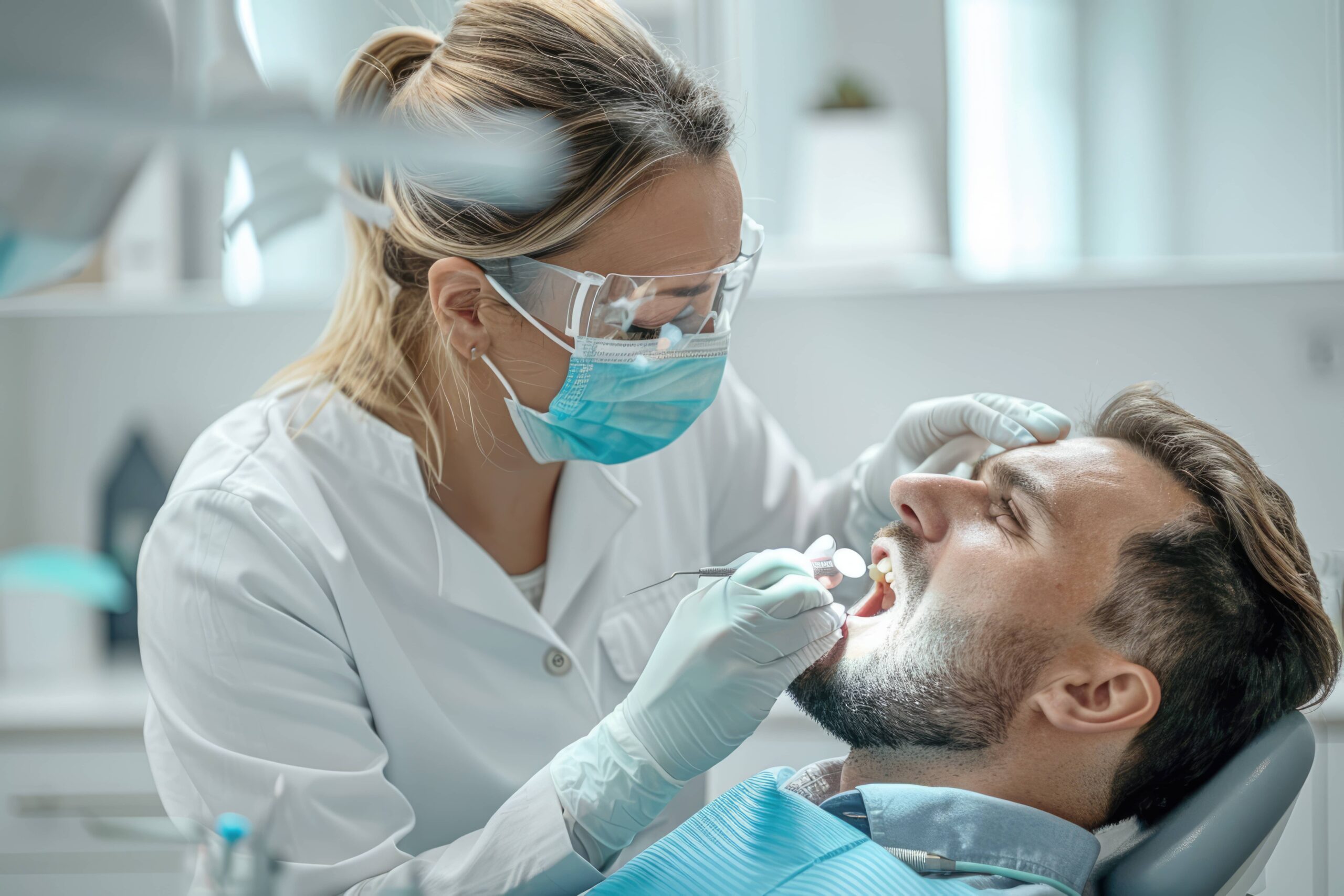 Gründliche Untersuchung: Zahnarzt prüft sorgfältig die Zähne eines Patienten während der zahnärztlichen Untersuchung, mit Fokus auf Mundhygiene und präventive Pflege.